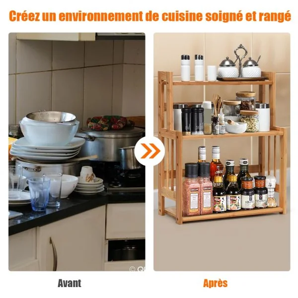 Étagère à Épices Porte-Épices à 3 Niveaux Hauteur Réglable en Bambou Grande Capacité de Stockage Naturel