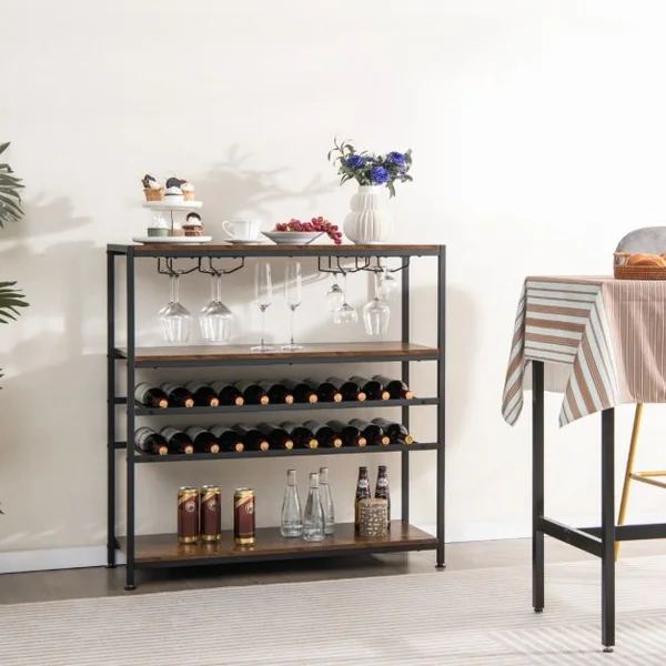 Étagère/Casier à Vin 22 Bouteilles Porte-Bouteille avec 4 Porte-Verres Style Industriel Présentoir à Vin pour Cave Cuisine