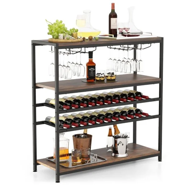 Étagère/Casier à Vin 22 Bouteilles Porte-Bouteille avec 4 Porte-Verres Style Industriel Présentoir à Vin pour Cave Cuisine