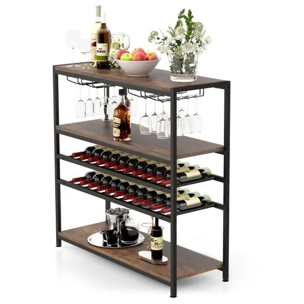 Étagère/Casier à Vin 22 Bouteilles Porte-Bouteille avec 4 Porte-Verres Style Industriel Présentoir à Vin pour Cave Cuisine