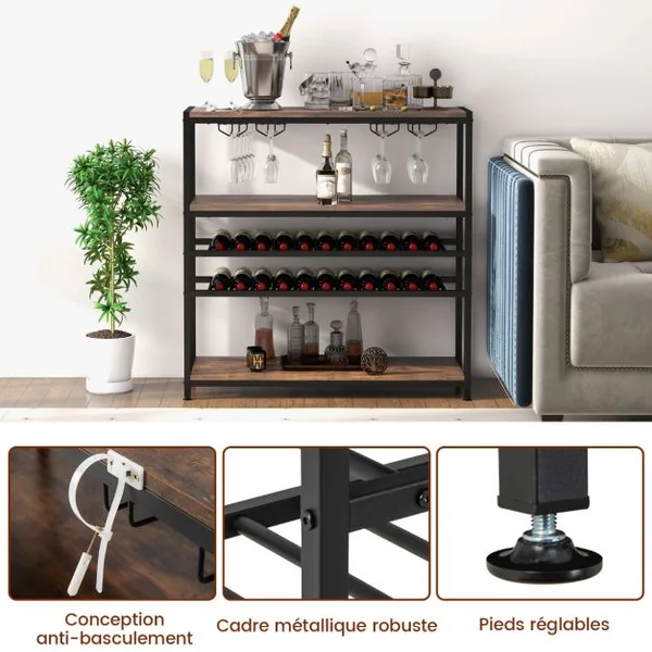 Étagère/Casier à Vin 22 Bouteilles Porte-Bouteille avec 4 Porte-Verres Style Industriel Présentoir à Vin pour Cave Cuisine
