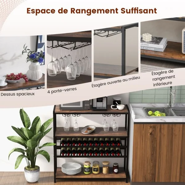 Étagère/Casier à Vin 22 Bouteilles Porte-Bouteille avec 4 Porte-Verres Style Industriel Présentoir à Vin pour Cave Cuisine