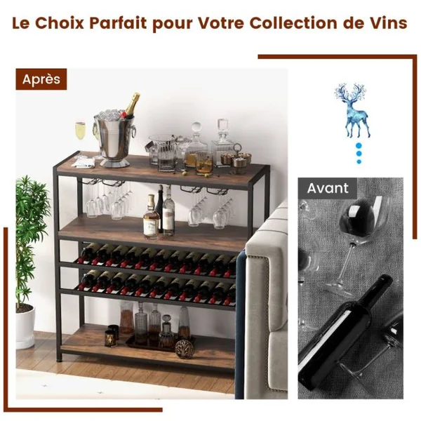 Étagère/Casier à Vin 22 Bouteilles Porte-Bouteille avec 4 Porte-Verres Style Industriel Présentoir à Vin pour Cave Cuisine