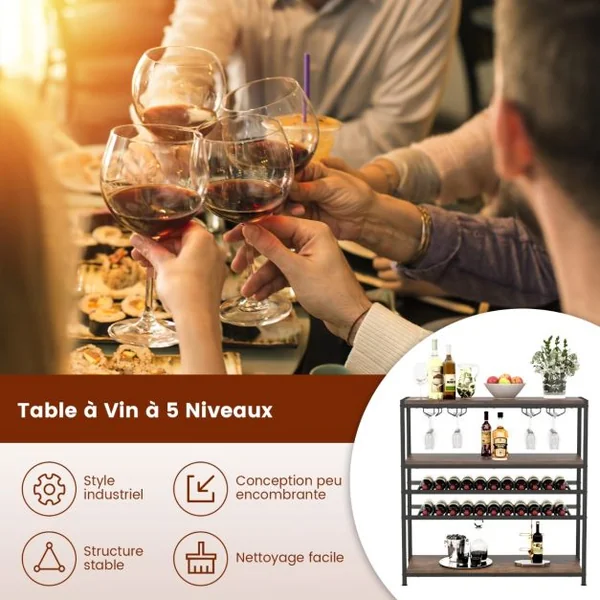 Étagère/Casier à Vin 22 Bouteilles Porte-Bouteille avec 4 Porte-Verres Style Industriel Présentoir à Vin pour Cave Cuisine