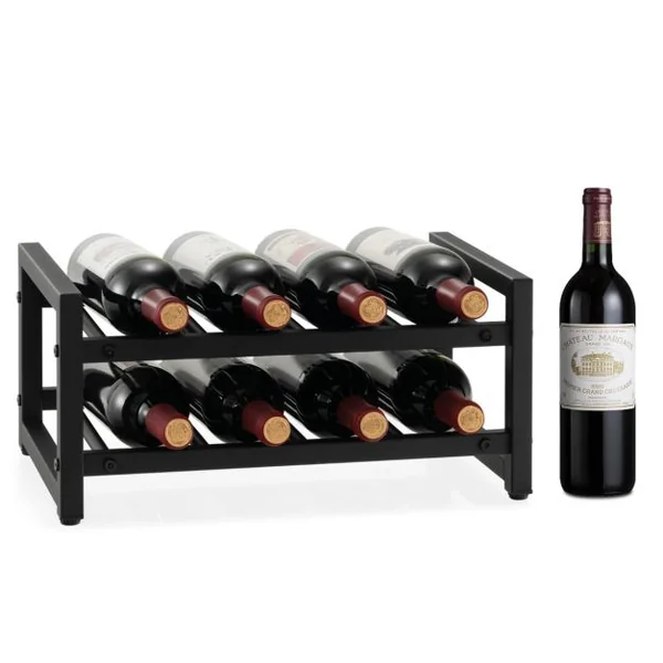 Étagère/Casier à Vin en Métal pour 8 Bouteilles Surface Antirouille Porte-Bouteille 2 Niveaux avec Repose-Pieds Réglables