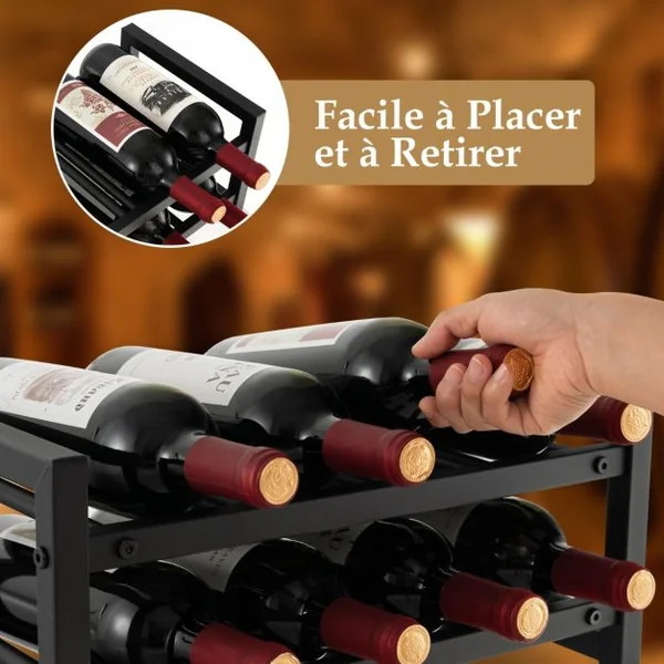 Étagère/Casier à Vin en Métal pour 8 Bouteilles Surface Antirouille Porte-Bouteille 2 Niveaux avec Repose-Pieds Réglables