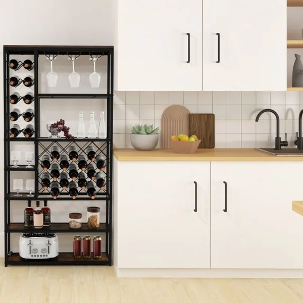 Étagère/Casier à Vin pour 27 Bouteilles Porte-Bouteille avec 3 Porte-Verres Style Industriel pour Cuisine Bar Salle à Manger