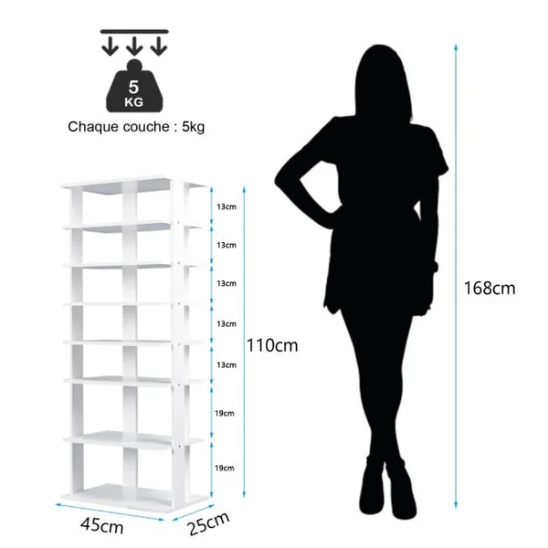 Étagères/Meuble à Chaussures à 7 Niveaux 45 x 25 x 110 cm Porte-chaussures pour Entrée Couloir Salon Chambre Blanc