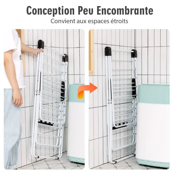 Étendoir Linge Pliable 33 Barres 26 Pinces à Chaussettes Sechoir à Linge à 2 Niveaux Grande Surface d'Etendage en Acier